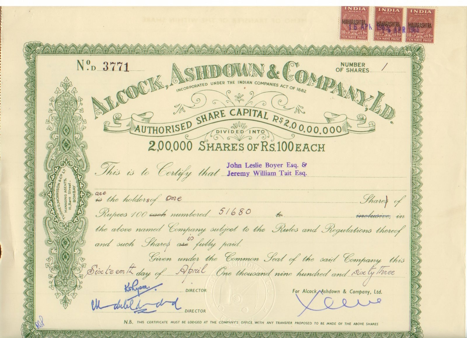 1900 India share certificate Howrah Sheakhalla Light Railway Company Limited 
